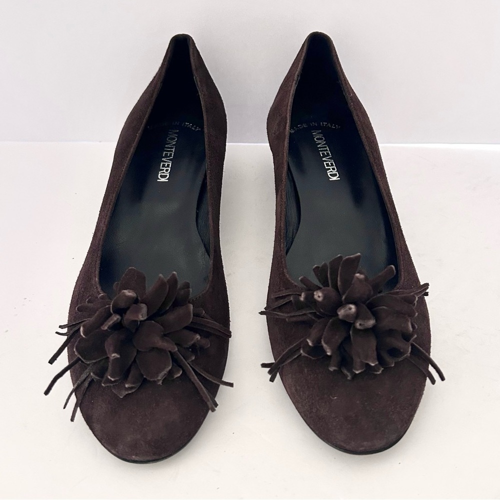 Brown Suede Pom Pom Ballet Flats Italy NEW Shoe Mini Wedge  Size EU 40 US 9
